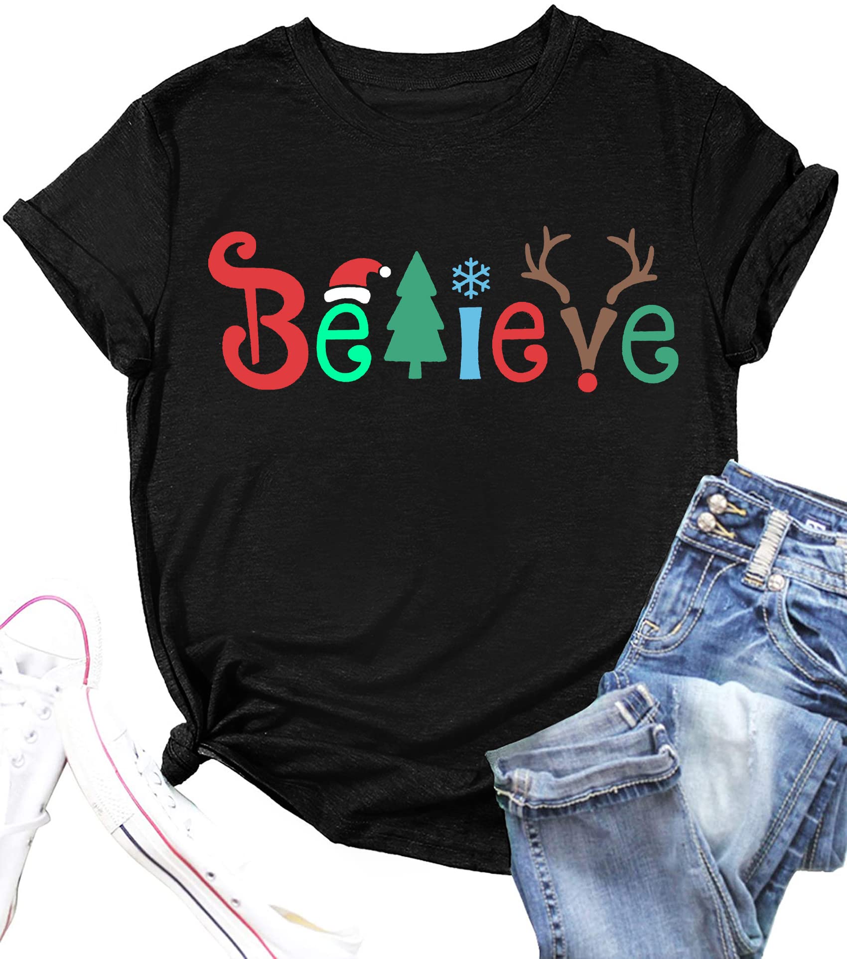 Believe Christmas Shirt for Women Christmas Tree Graphic T-Shirts Believe Letter Print Tees Holiday Tops